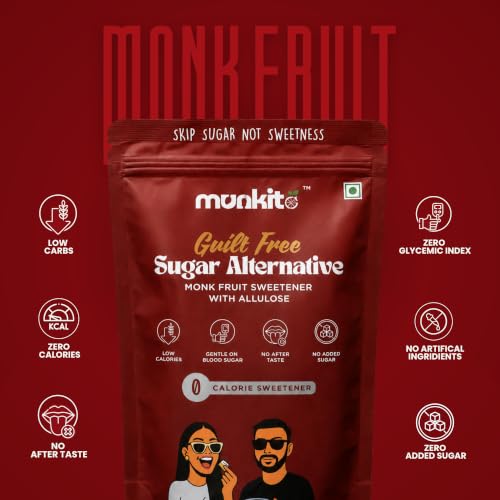 Image of Munkito Monk Fruit Sweetner Powder with Allulose 300g | Without Erythritol | 1:1 Sugar Replacement | Zero Glycemic Index | Keto & Diabetic Friendly Low Carb Monkfruit Sweetener for Tea, Coffee & Baking