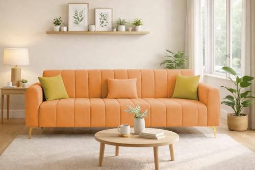 Image of Casaliving Velour Modern Velvet Sofa, Tufted Design Upholstered 3 Seater Sofa Set for Living Room, (Orange Colour) Premium Velvet Fabric Sofa