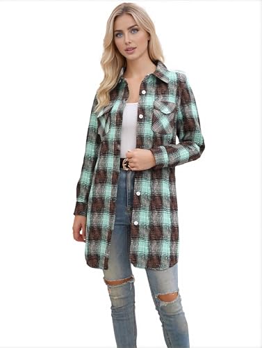 Image of SANGTREE Women and Girls Oversized Flannel Plaid Shirt Mid-Length Casual Button Down Shirt with Pockets