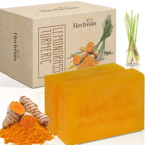 Herbvian 100% Natural Turmeric Soap Bar for Face and Body, Warmth Lemongrass Mosquito Repellent...