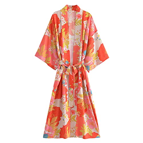 Wvapzxx Vintage Beach Style Rayon Cotton Long Robe Batwing Sleeve Pocket Holiday Beach Cover Up Bohemian Kimono