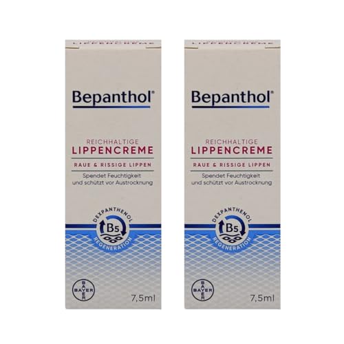 Bepanthol Crema de labios enriquecida, 2 x 7,5 ml, para labios ásperos, agrietados, quebradizos y secos, para la regeneración de la piel de los labios, dexpantenol, juego ahorro y perla farmacéutica
