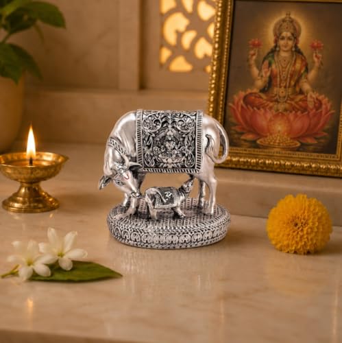 Image of Gold Art India Kamdhenu Cow with Calf Idol | 999 Silver Plated | Antique Matte Finish | Premium Peacock Green Velvet Gift Box | Sacred Gau MATA Vastu Idol for Home Temple, Office & Spiritual Gifting