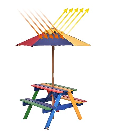 COSTWAY Set con Tavolo Picnic di Legno e Ombrellone per Bambini, Tavolo e Panchina con 4 Posti e Ombrellone Pieghevoli, Tavolino e Sedie Multiuso per Esterno Giardino Cortile (Modello 5)