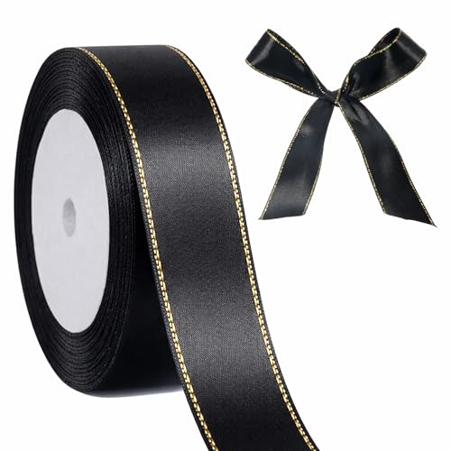 1 Inch x 25 yds Black Ribbon with Gold Edges Thin Black Satin Ribbon Gold Glitter Ribbons Border Fabric Ribbons Trim for Gift Wrapping Flower Bouquet Crafts Roses Making Handmade Xmas Tree