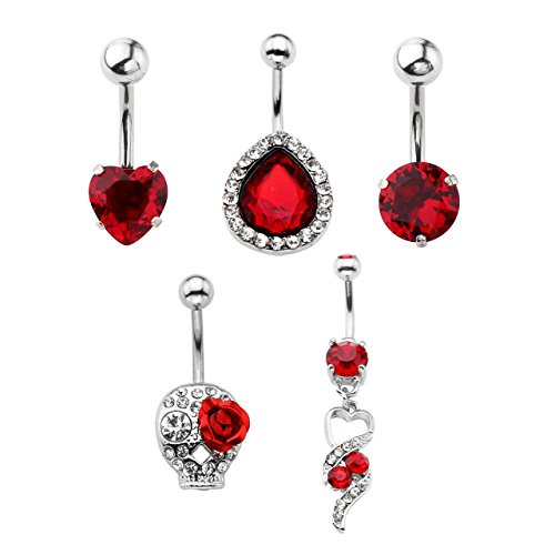 PiercingJ - Lot de 5PCS Anneau Clou de Nombril Ventre Haltère Barbell avec Boule Pendentif Strass Cristal Acier Inxoydable Bananes Bijoux de Corps - Set#09 Cover