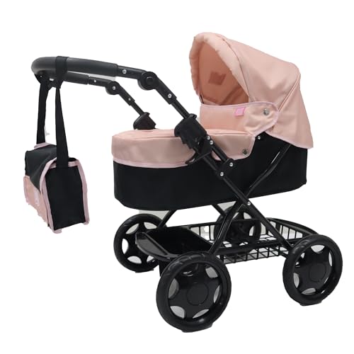 Dolly Tots Carrozzina Cherish | Passeggino per bambini con borsa fasciatoio abbinata e cappuccio regolabile | Sistema di archiviazione da viaggio per bambini | Passeggino e carrozzina giocattoli per