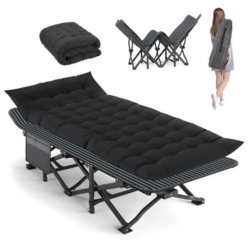 Camping Cot, 28'' Wide Rollaway Bed for Adult with Pad, Portable Folding Bed for Indoor & Outdoor, Sleeping Cot with Carry Bag, Supports 440 lbs, Fast Setup, Compact Carry & Storage (Black)
