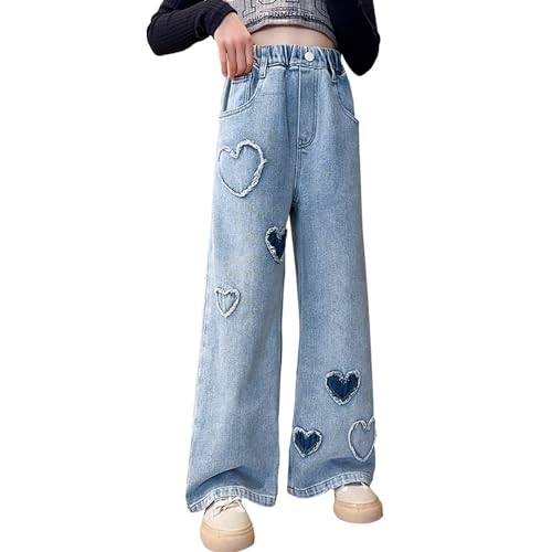 Girls Jeans Size 10-12 Elastic Waistband Long Wide Leg Baggy Pants with Hearts Stars for Little Big Teens (12 Years,Heart)