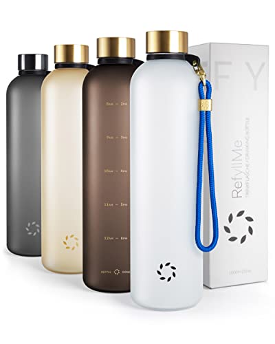 REFYLL ME Trinkflasche mit Zeitmarkierung aus Tritan “hydroFyll” I Wasserflasche 1l I mit Trageschlaufe I für Kohlensäure geeignet I BPA-Frei I stylische Trinkflasche 1 Liter Cover
