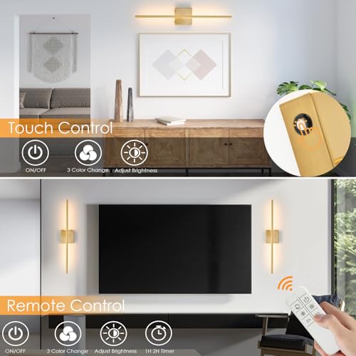 Image of 27.5 Inch Gold Battery Operated Wall Sconces Set of 2, LED Dimmable with Romote Control, 3CCT, Rechargeable, 360 Rotate, Wireless Wall Light for Living Room Hallway Bedroom