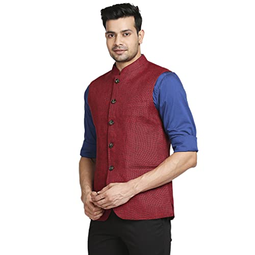 Image of Colorplus Men's Tailored Fit Pure Linen Stand Collar Yarn Dyed Pattern Full Sleeve Dark Red Casual Blazer