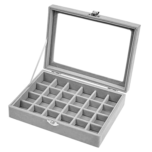 LTHERMELK Bandeja Joyas Terciopelo Gris de 24 Rejillas Desmontable Terciopelo Organizador de Joyería con Tapa de Vidrio, Caja de Almacenamiento de Joyas para Anillos Pendientes Brazaletes
