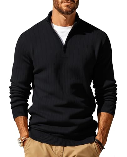JFAN Hombre Jersey de Punto Cuello Alto con Cremallera Pullover Manga Larga Sueter Cuello Alto Plain Knitted Cálido Invierno Negro XL