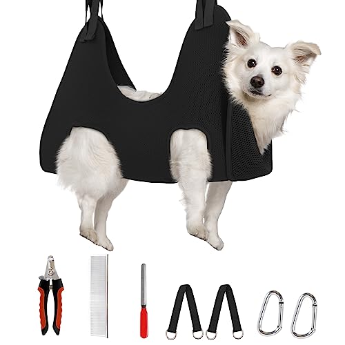 Image of Supet Dog Grooming Hammock Harness for Dogs Cats, Relaxation Pet Nail Clipper Hammock, Restraint Dog & Medium Animal Leashes Sling for Groomingk for Nail Trimming (Black, M)