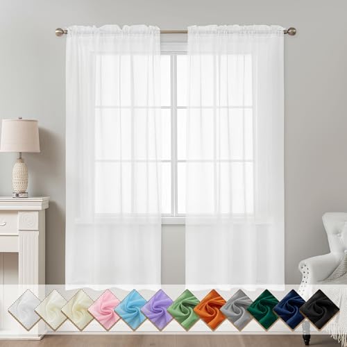 Image of White Sheer Curtains 72 Inches Long, Privacy Semi Sheer Curtains for Living Room Bedroom, Light Filtering Rod Pocket Voile Window Drapes 2 Panels Set, Each 42 inch W x 72 inch L