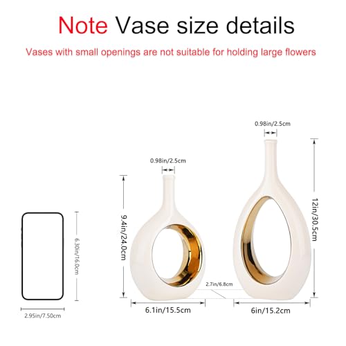 White and Gold Vase Ceramic White Vases Home Decor,Modern Minimalist Circle with Hole Decorative Vase, Hollow Ellipse Flower vases for Bookshelf, Fireplace Mantle, Centerpieces,Farmhouse,Rustic Décor - Image 4