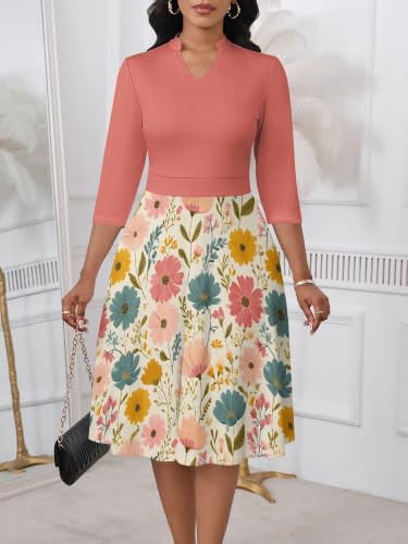 Image of PinkPatty Women's Casual A-line Midi Dresses 3 /4 Sleeve V Neck Fit and Flare Dress with Pockets
