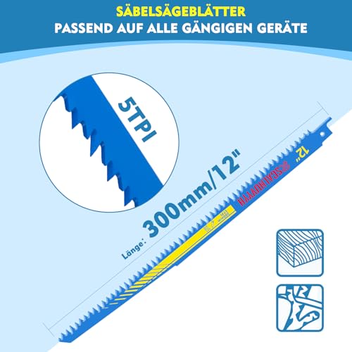 Scalnuvyyh Brzeszczoty do piły szablastej do drewna 300 mm, 5TPI brzeszczot do piły szablastej, do szybkiego cięcia, gruboziarniste, mokre drewno, drewno opałowe [5 sztuk] (HSS)