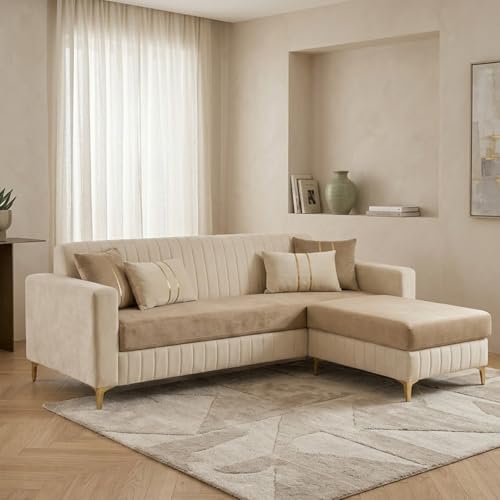 Image of CASASTYLE Noviq 4 Seater L Shape Sofa Set with Movable Ottoman | Flexible Left or Right Layout | Cozy Velvet Fabric | Soft Touch Seating | Modern Designer Sofa for Living Room (Cream-Beige)