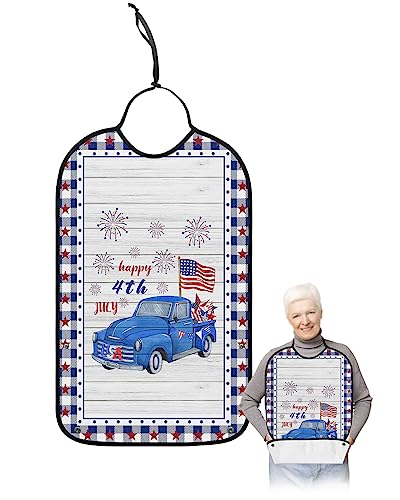 Adult Bibs for Elderly Women - Happy 4th of July Waterproof Dining Clothing Protectors with Crumb Catcher for Eating/Feeding, Blue Truck American Flag on Wood Terry Cloth Bib Machine Washable