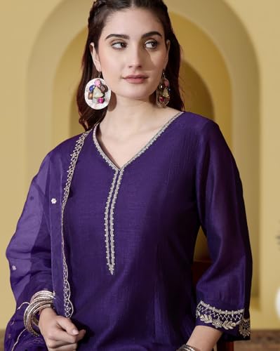 Image of Amazon Brand - Tavasya Women Vichitra Zari Sequence Embroide Kurta with Pant and Dupatta|Kurta Set|Ethnic Wear|Salwar Suit|3 Piece Set