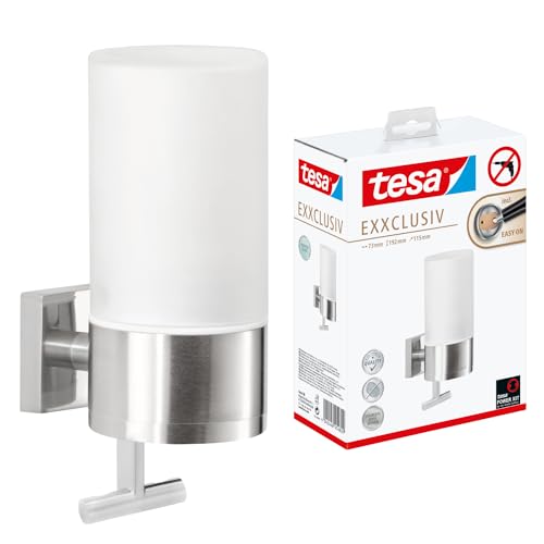 tesa EXXCLUSIV Seifenspender-Set, Milchglas und verchromtes Metall - Flüssigseifenspender zur Wandbefestigung ohne Bohren, inkl. Klebelösung - 73mm x 192mm x 115mm 1