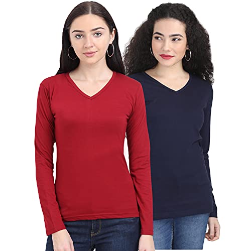 Image of FLEXIMAA Women's Cotton Plain V Neck Full Sleeve T-Shirt