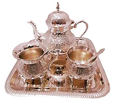 NK Handicrafts Serving Pot in Royal Mughlai Style for Beverages and Drinks Teapot Kettle in Brass Tea Pot Kettle with Sugar Pot Milk Pot,Spoon and Tray (Set of 4) | Gift Packed, Silver (Silver)