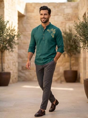 Image of DEEMOON Men's Full Sleeve Short Kurta Shirt with a Trendy Mandarin Collar Crafted from a Premium Cotton Blend for Comfort Ideal for Casual and Semi-Formal Occasions