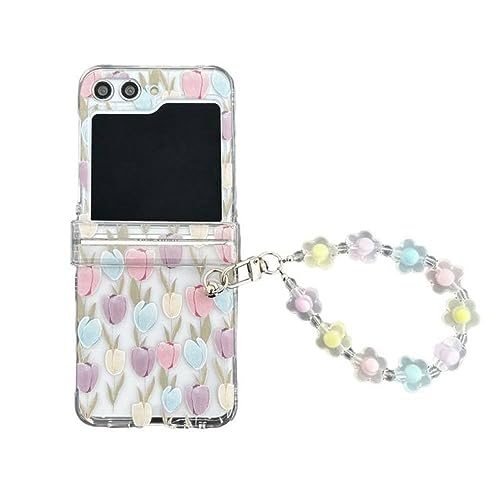 Protection Galaxy Z Flip 5 transparente antichoc avec charnière rigide et dragonne fleurs