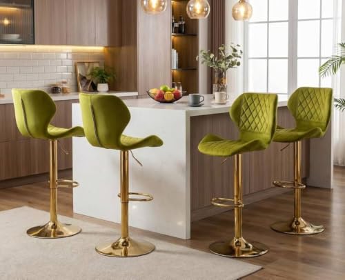 Image of Dream Furnishing - Set of 2 Bar /Kitchen Chairs 360 Degree Rotatable Swivel Elegant Classy & Comfortable Chair with Golden Base and Velvet Fabric (2 Chairs) (Green Velvet)