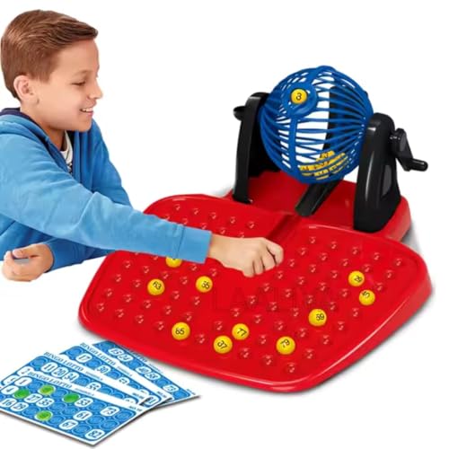 Image of Roller Housie Game Set with Revolving Container, 90 Numbered Balls, 48 Reusable Numbered Cards & Large Number Tray | Complete Family Entertainment Tambola Lotto Game | No Pins or Pens Required