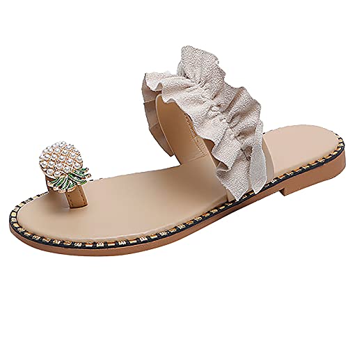 Generico Chanclas de playa bohemias para mujer - Sandalias de verano cómodas y ligeras, sandalias planas con perlas y volantes deslizantes fáciles de poner pantuflas elegantes para vacaciones en la