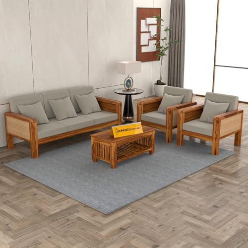 Image of Sheesham Wooden 5 Seater Sofa for Living Room | Solid Wood Sofa with Cane Side Panel | Rosewood Sofa Set for Home & Office | Lounge (Honey Finish, 3+1+1 Seater)