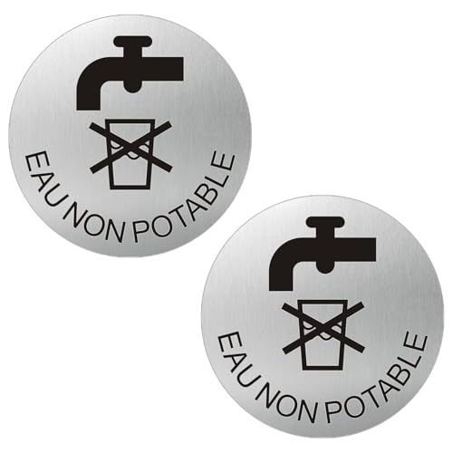 Acuxiaza Lot de 2 Panneau Eau Non Potable Ø 100 mm Aluminium Brossé Plaque Eau Non Potable, Adhésif, Imperméable, Résistant aux UV, Argenté Alu Brossé