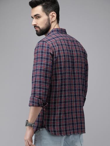 Image of THE BEAR HOUSE Men's Cotton Navy Blue & Maroon Slim Fit Checked Flannel Cotton Casual Shirt | 3XL |TBH-ARIDE-MC-3XL |