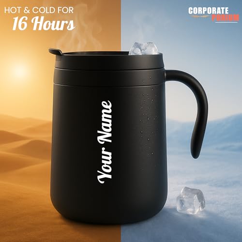 Image of CORPORATE PORIUM Customised Vacuum Insulated Travel Coffee Mug with Lid Keeps Cold for 14 Hours and hot for 8 Hours Hustle-Free Lock System Stainless Steel 350ml-Dark Black | Leak Proof| Thermos Mug