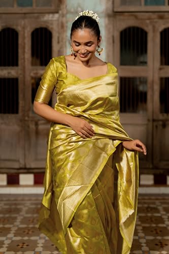 Image of Subham Saree for Woman Silk Cotton Kanjivaram | Soft Daily Wear Golden Zari Sari with Jacquard Blouse Piece