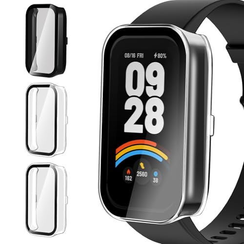 iVoler 3 Pezzi Cover con Vetro Temperato per Xiaomi Smart Band 9 Active/Redmi Band 3 (Non per Xiaomi Mi Band 9), Copertura Completa Custodia Rigida Pellicola Protettiva Case, 2 Trasparente + 1 Nero