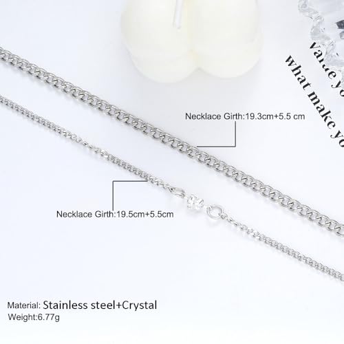 Dainty 2Pcs Silver Couple Bracelet Minimalistic Cuban Chain Crystal Heart Stainless Steel Bracelet Trendy Matching Jewelry Accessory Present for Women Men3
