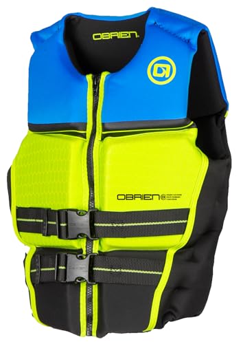 OBrien Junior Lightweight V-Back Neoprene USCGA Life Jacket with Front Zip Closure for Boating and Water Sports 28-32 For Over 90 Lbs Blue/Green