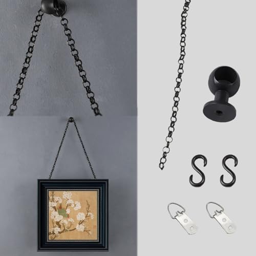 Image of UrbanUp Picture Rail Hanging System Painting Hanging Hardware for Picture Exhibition, Wall Mounted French Style Picture Frame Hanging Kit, Adjustable Hook Artwork Hanger Tool(Black)