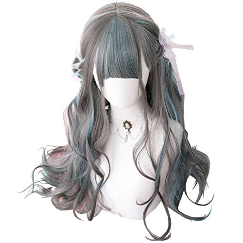 Iron Gray Highlights Grass Green Long Curly Synthetic Hair Wigs Natural Daily Lolita Cosplay Party Sweet Japanese Wigs