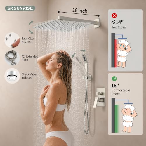 Image of SR SUN RISE Shower Faucet Set 16-Inch Rainfall Shower Head Brushed Nickel