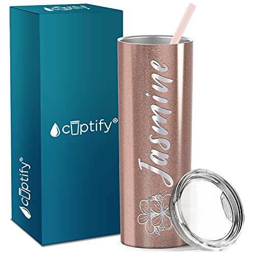 Personalized Tumblers with Straw and Lid Laser Engraved Name on Rose Gold 20 oz Stainless Steel Skinny Custom Cups for Women, Mothers, Sisters and Best Friends