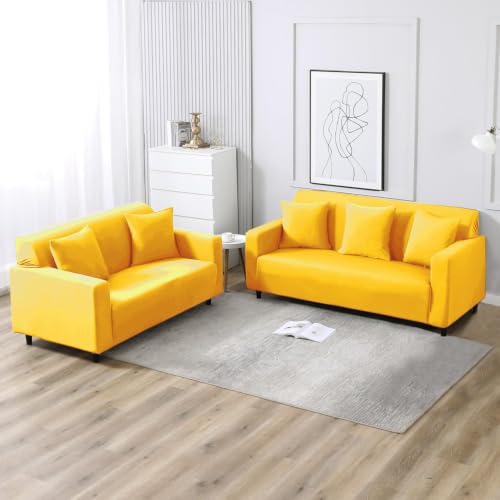 Image of HOKIPO Printed 5 Seater Fully Covered Sofa Cover in 3 Seater and 2 Seater Configuration, Sunny Yellow (NEW-AR-4278-E20 + AR-4279-E20)