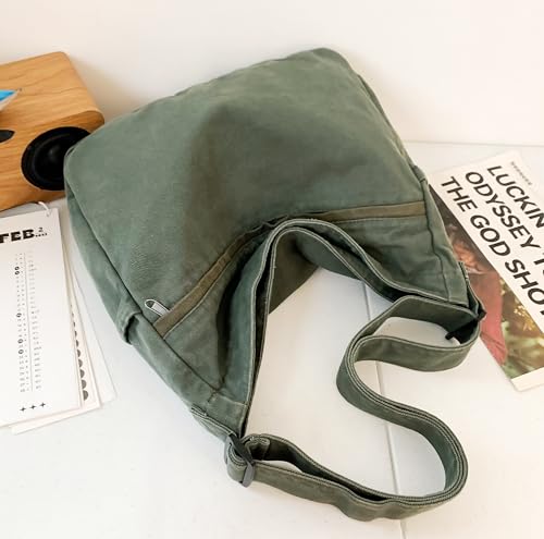 Image of Cotton Tote Handbag Women Canvas Crossbody Beach Bag Hobo Shoulder Tote Bag with 3 External Pocket,Zipper Closure