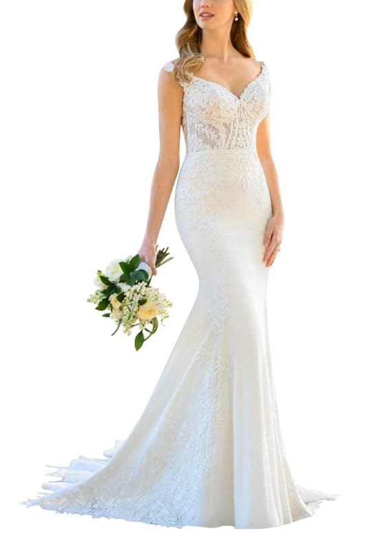 SEVENYXX Vestido de Novia de Sirena de Mujer Vestido de Novia de Flores Largas Registro de Encaje Elegante Vestido de Novia