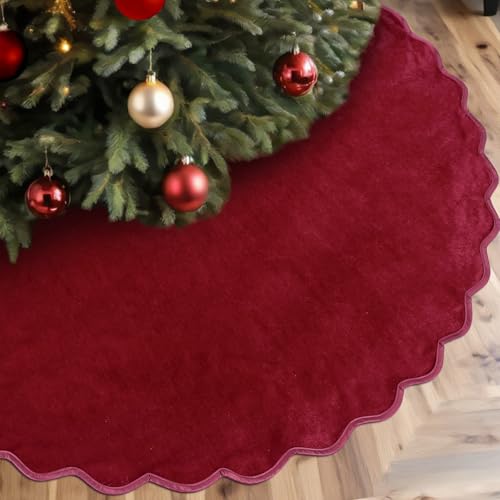 RoundFunny Burgundy Christmas Tree Skirt 48 Inches Neutral Velvet Christmas Tree Skirts Modern Scalloped Edge Xmas Decorations Minimalist Mat for Home Indoor Outdoor Holiday Party Decor
